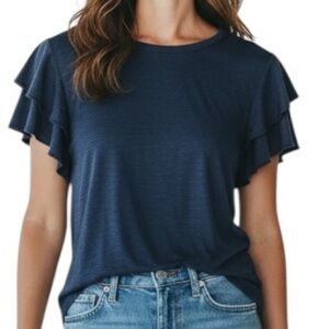 NWT WHITE HOUSE BLACK MARKET Navy Tiered Ruffle Short Sleeve Top Size Large